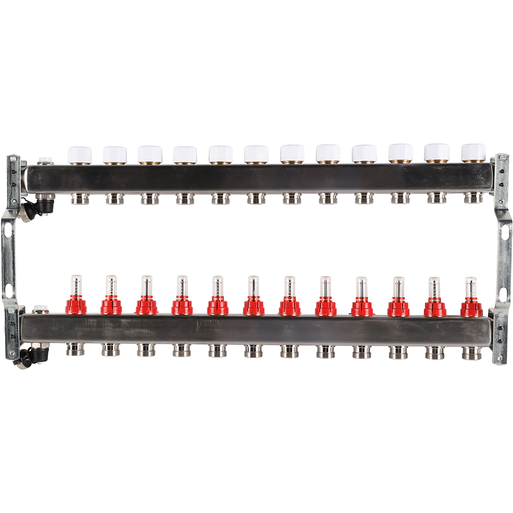 Коллектор Rommer на 12 выходов с расходомерами, с клапаном вып. воздуха и сливом Коллектор Rommer на 12 выходов с расходомерами, с клапаном вып. воздуха и сливом