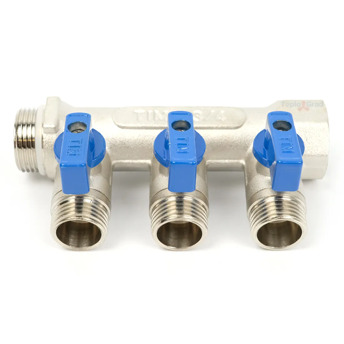 Коллектор TIM с шаровыми кранами 3/4x1/2 на 3 выхода, красные и синие ручки Коллектор TIM с шаровыми кранами 3/4x1/2 на 3 выхода, красные и синие ручки