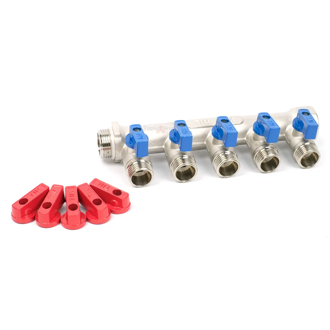 Коллектор TIM с шаровыми кранами 3/4x1/2 на 5 выходов, красные и синие ручки Коллектор TIM с шаровыми кранами 3/4x1/2 на 5 выходов, красные и синие ручки