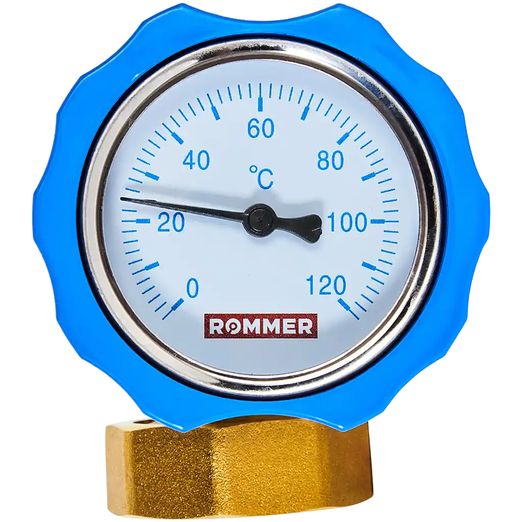 Клапан запорный латунный Rommer ВР 1 для подключения насоса, синяя ручка