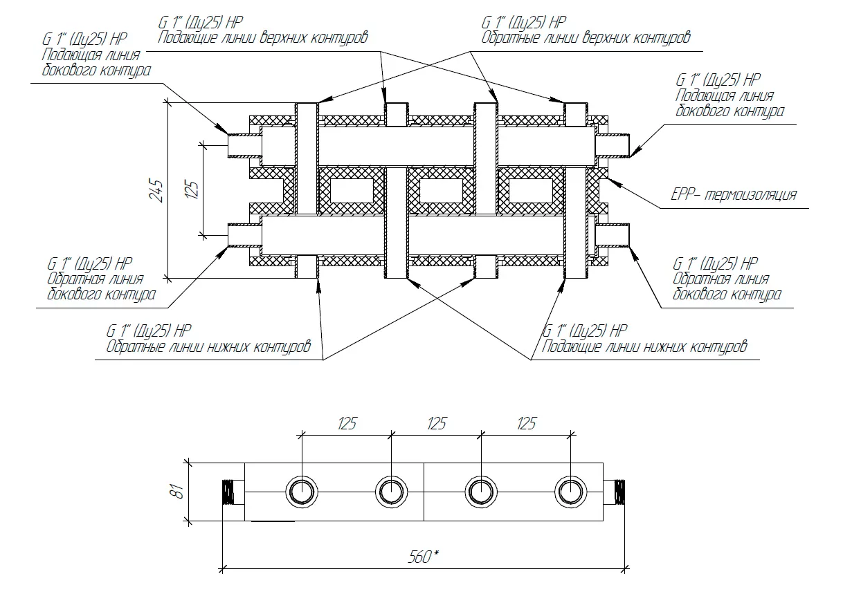 Распределительный коллектор Gidruss MK-60-5DU.EPP (60 кВт G 1, 2+2+1 конт. G 1, теплоизоляция)