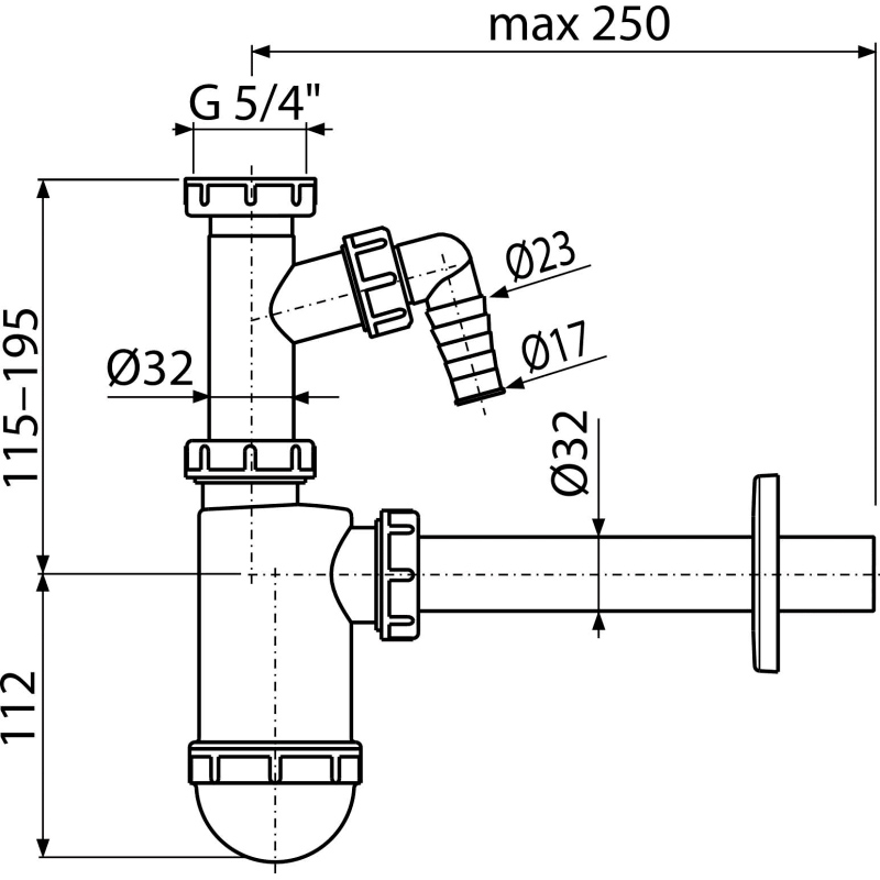 Сифон для раковины AlcaPlast A430P со штуцером и накидной гайкой 1 1/4