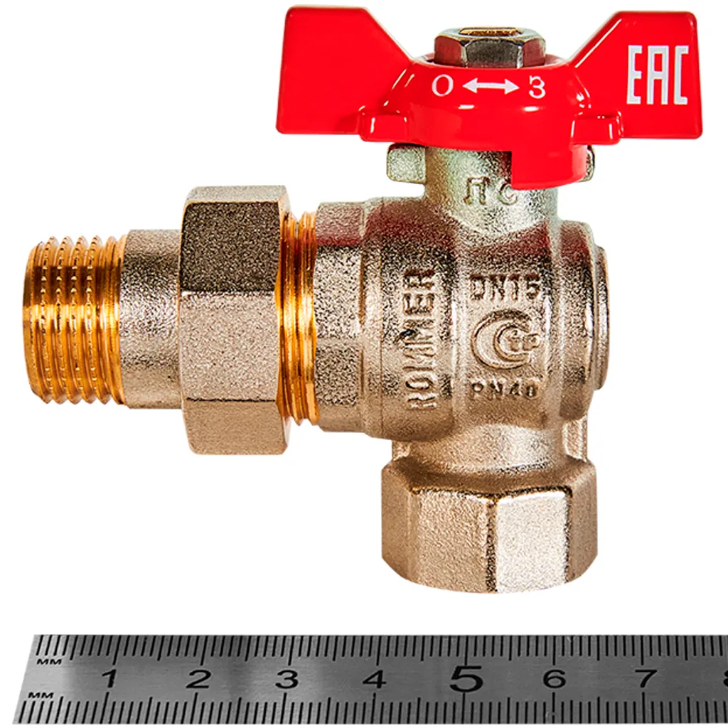 Кран шаровой Rommer угловой с американкой НВ 1/2, ручка бабочка