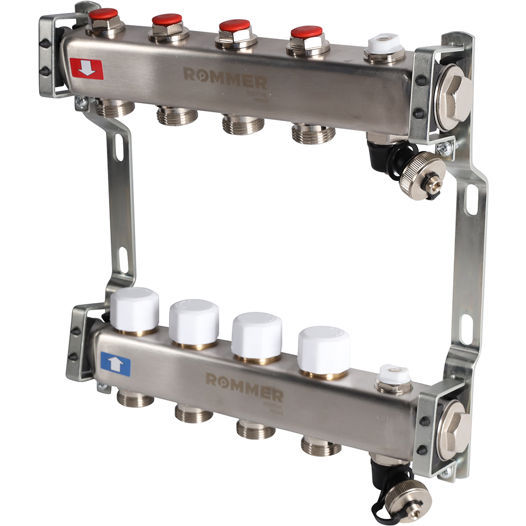 Коллектор Rommer на 4 выхода без расходомеров, с клапаном вып. воздуха и сливом