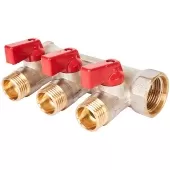 Коллектор Stout с шаровыми кранами 3/4, 3 отвода 1/2 (красные ручки) Коллектор Stout с шаровыми кранами 3/4, 3 отвода 1/2 (красные ручки)