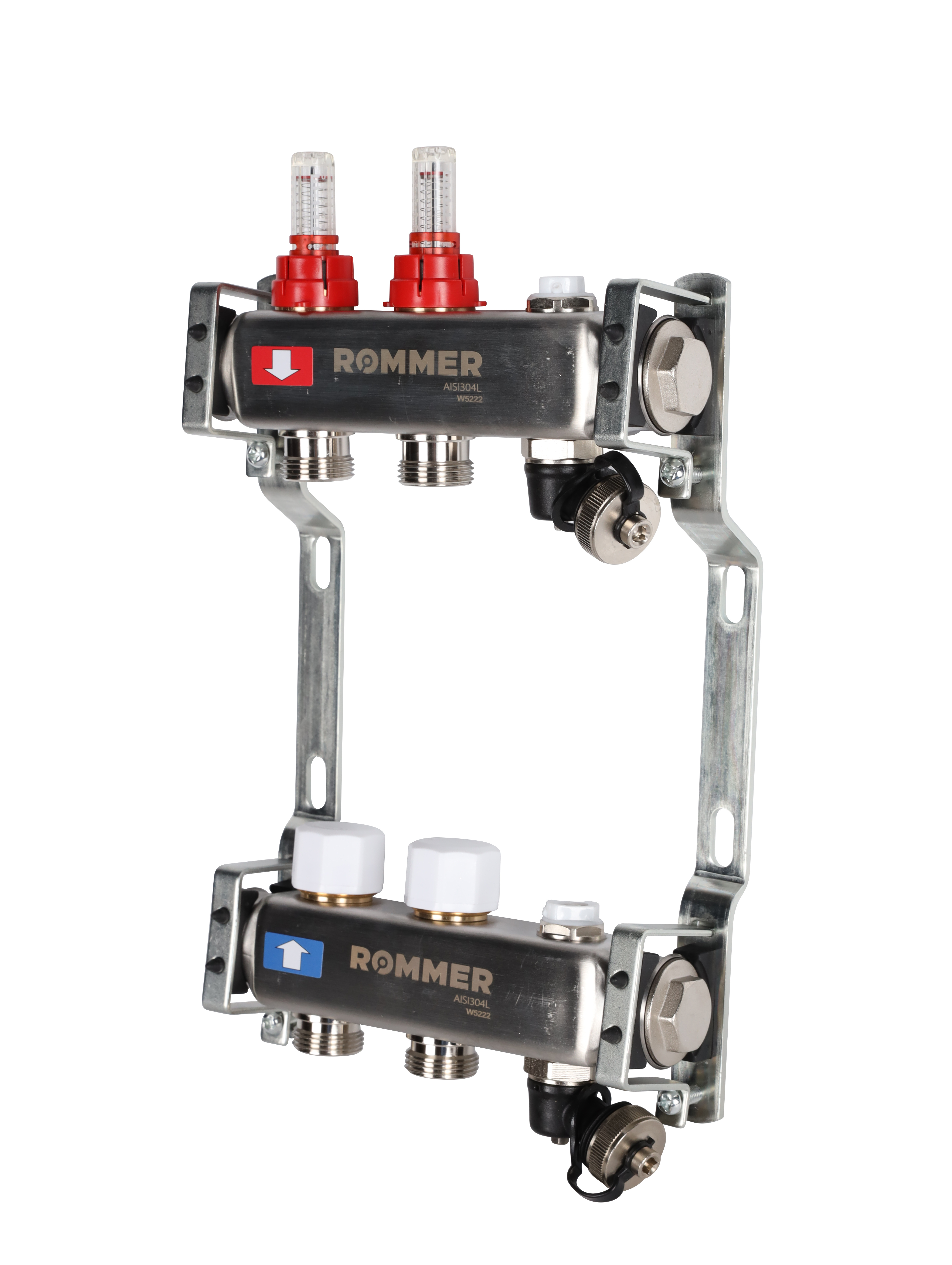 Коллектор Rommer на 2 выхода с расходомерами, с клапаном вып. воздуха и сливом Коллектор Rommer на 2 выхода с расходомерами, с клапаном вып. воздуха и сливом