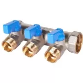 Коллектор Stout с шаровыми кранами 3/4, 3 отвода 1/2 (синие ручки) Коллектор Stout с шаровыми кранами 3/4, 3 отвода 1/2 (синие ручки)