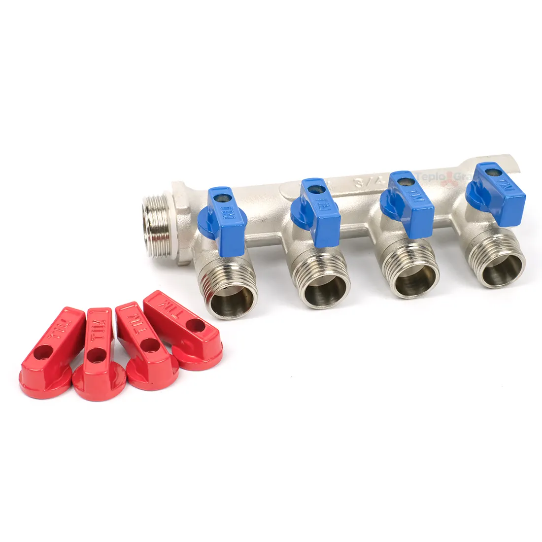 Коллектор TIM с шаровыми кранами 3/4x1/2 на 4 выхода, красные и синие ручки Коллектор TIM с шаровыми кранами 3/4x1/2 на 4 выхода, красные и синие ручки
