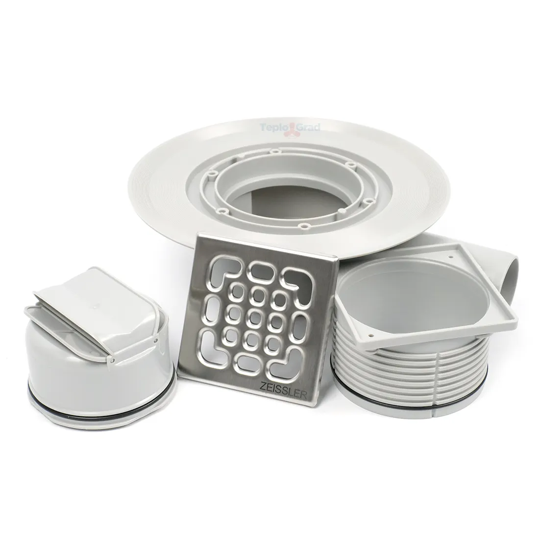 Трап для душевой с сухим затвором TIM 10x10см. горизонтальный выпуск Трап для душевой с сухим затвором TIM 10x10см. горизонтальный выпуск