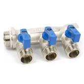 Коллектор TIM с шаровыми кранами 3/4x1/2 на 3 выхода, красные и синие ручки Коллектор TIM с шаровыми кранами 3/4x1/2 на 3 выхода, красные и синие ручки