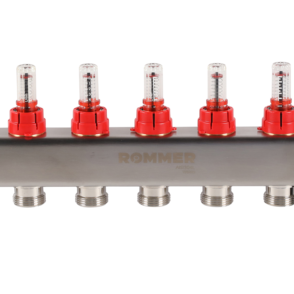 Коллектор Rommer на 6 выходов с расходомерами, с клапаном вып. воздуха и сливом