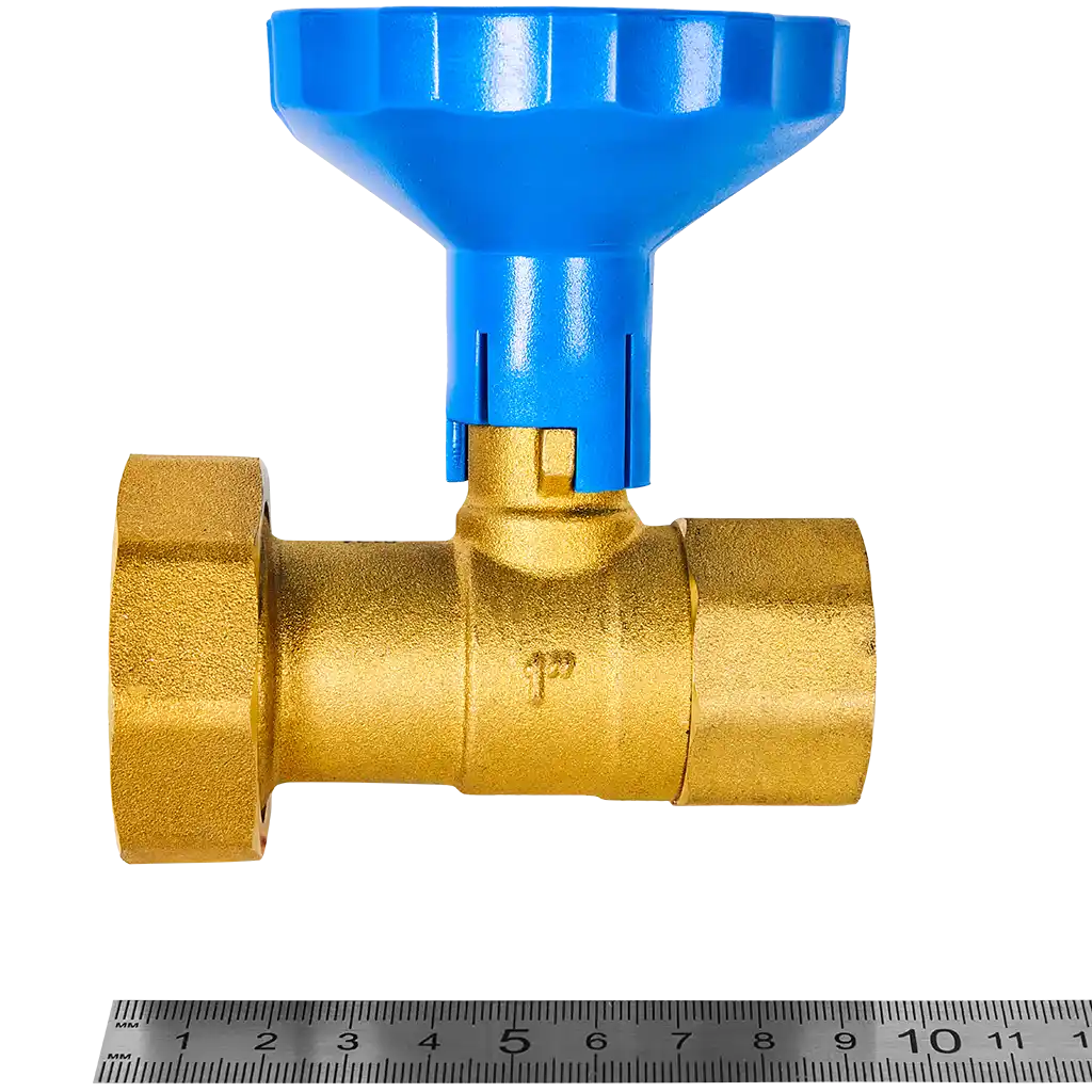 Клапан запорный латунный Rommer ВР 1 для подключения насоса, синяя ручка