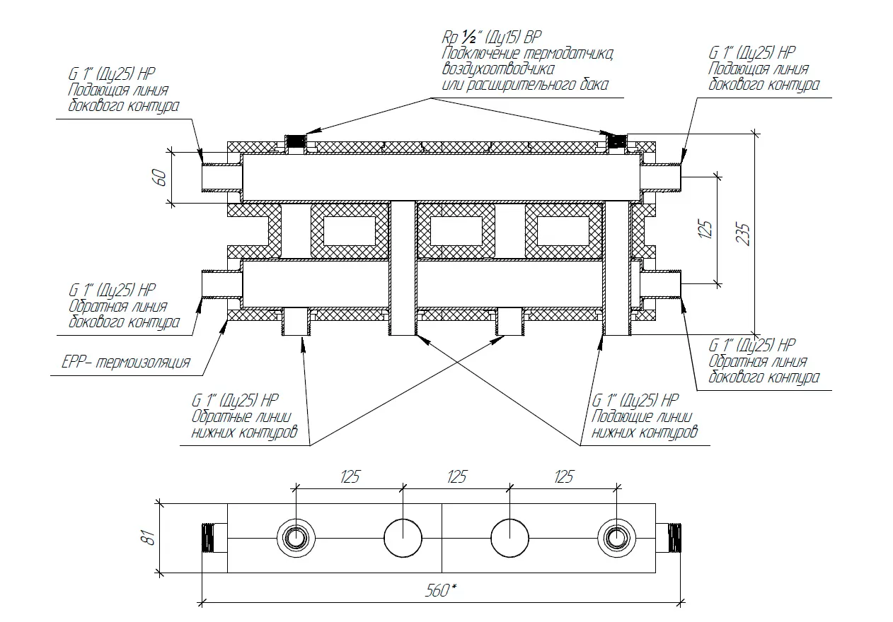 Распределительный коллектор Gidruss MK-60-3D.EPP (60 кВт G 1, 2+1 конт. G 1, теплоизоляция)