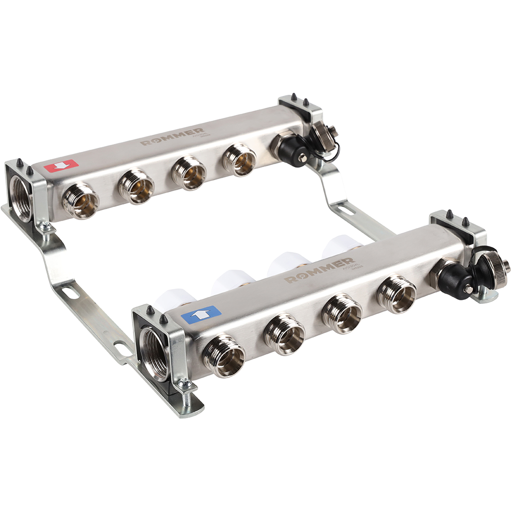 Коллектор Rommer на 4 выхода без расходомеров, с клапаном вып. воздуха и сливом