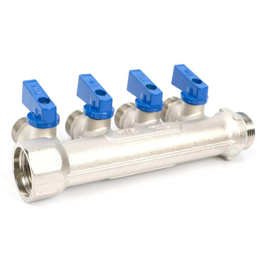 Коллектор TIM с шаровыми кранами 3/4x1/2 на 4 выхода, красные и синие ручки Коллектор TIM с шаровыми кранами 3/4x1/2 на 4 выхода, красные и синие ручки
