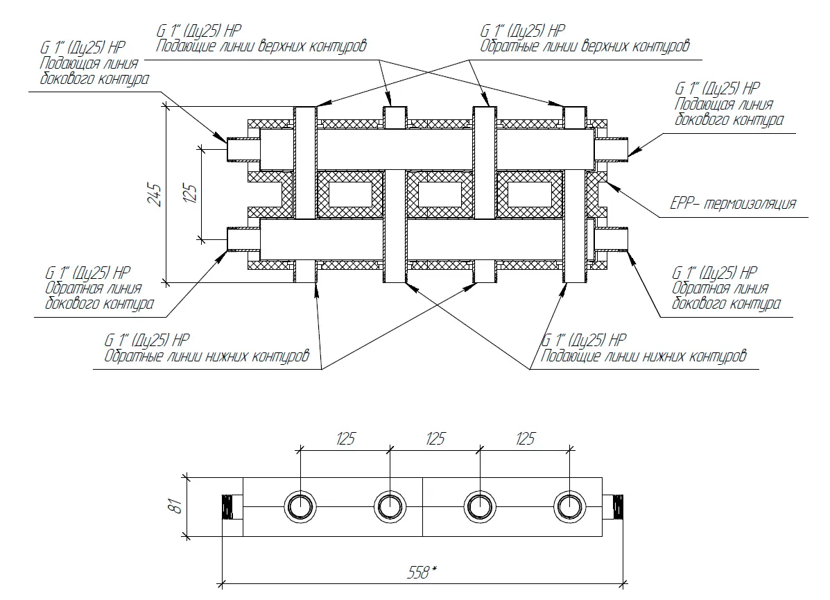 Распределительный коллектор Gidruss MKSS-60-5DU.EPP (60 кВт G 1, 2+2+1 конт. G 1, теплоизоляция)