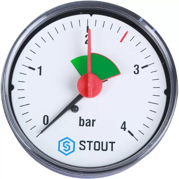 Манометр аксиальный с указателем предела Stout, корпус 63 мм, диапазон 0-4 бар, подключение 1/4 Манометр аксиальный с указателем предела Stout, корпус 63 мм, диапазон 0-4 бар, подключение 1/4