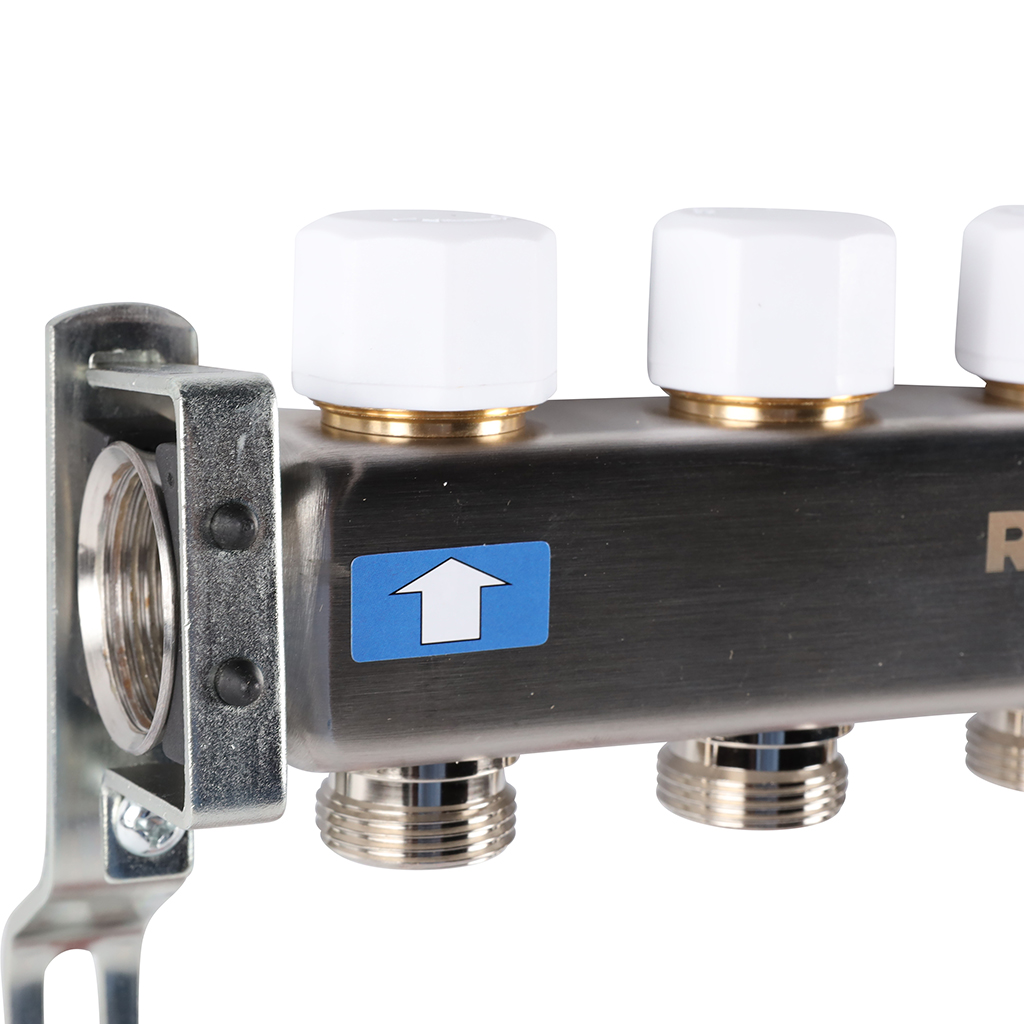 Коллектор Rommer на 4 выхода с расходомерами, с клапаном вып. воздуха и сливом Коллектор Rommer на 4 выхода с расходомерами, с клапаном вып. воздуха и сливом