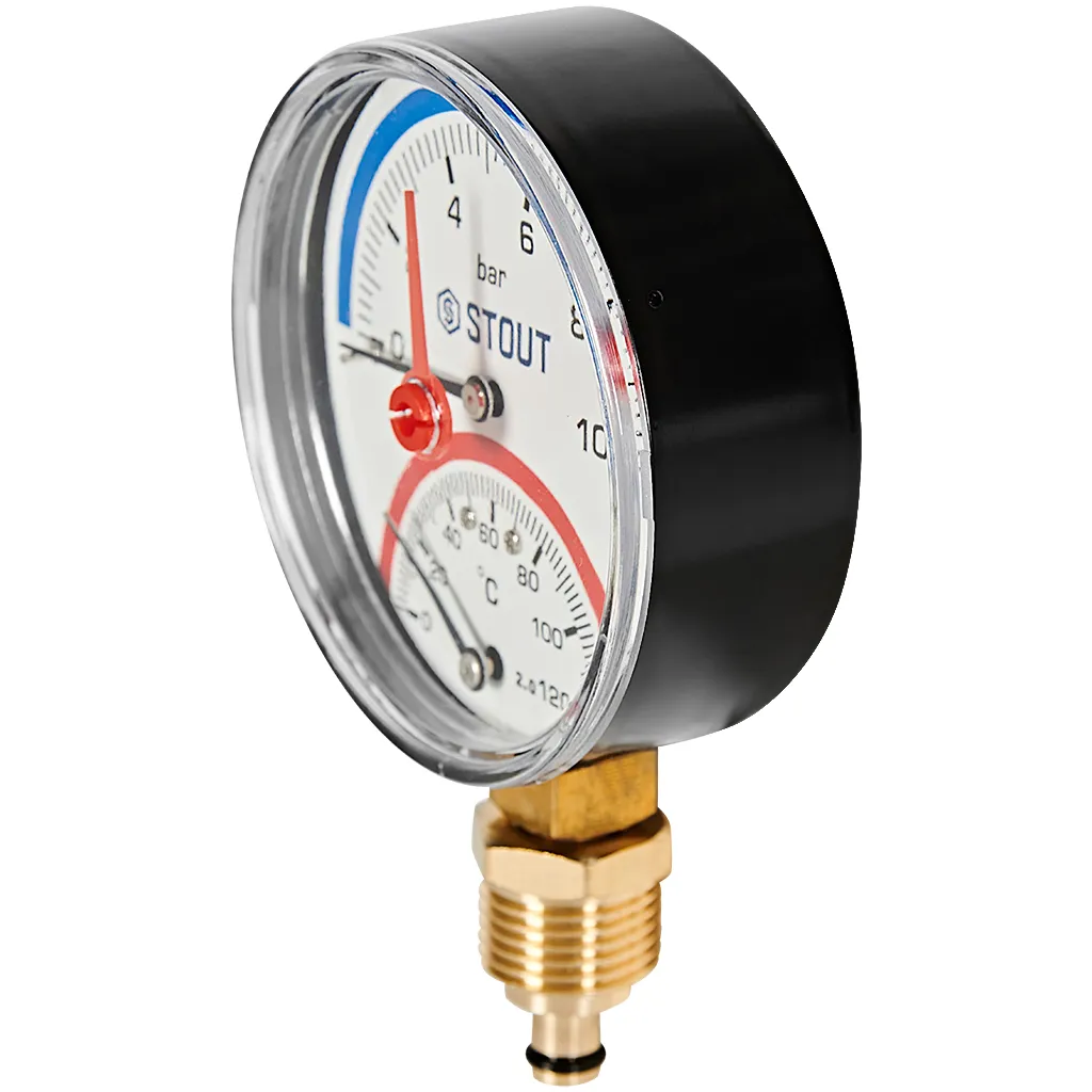 Термоманометр радиальный Stout 80 мм, 0-10 бар, 0-120C, подключение 1/2