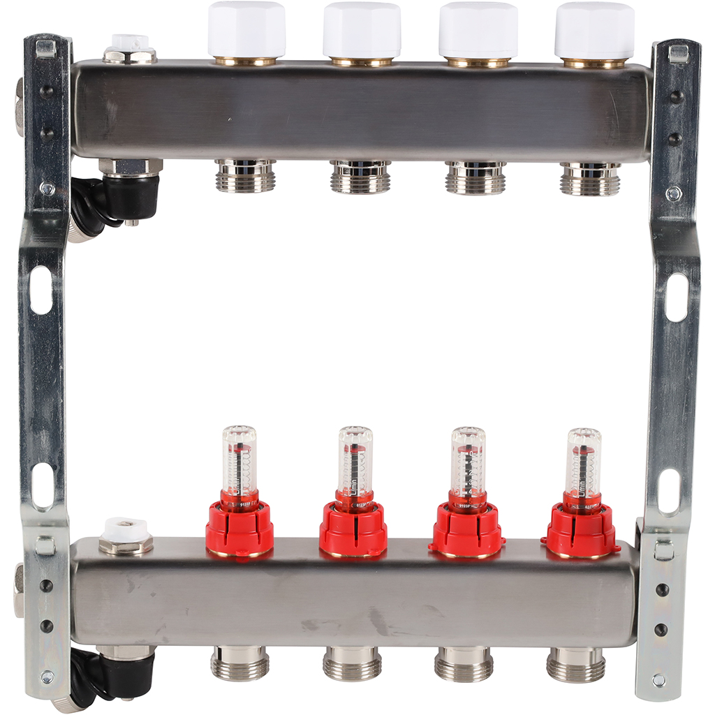 Коллектор Rommer на 4 выхода с расходомерами, с клапаном вып. воздуха и сливом Коллектор Rommer на 4 выхода с расходомерами, с клапаном вып. воздуха и сливом