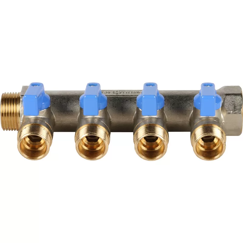 Коллектор Stout с шаровыми кранами 3/4, 4 отвода 1/2 (синие ручки)