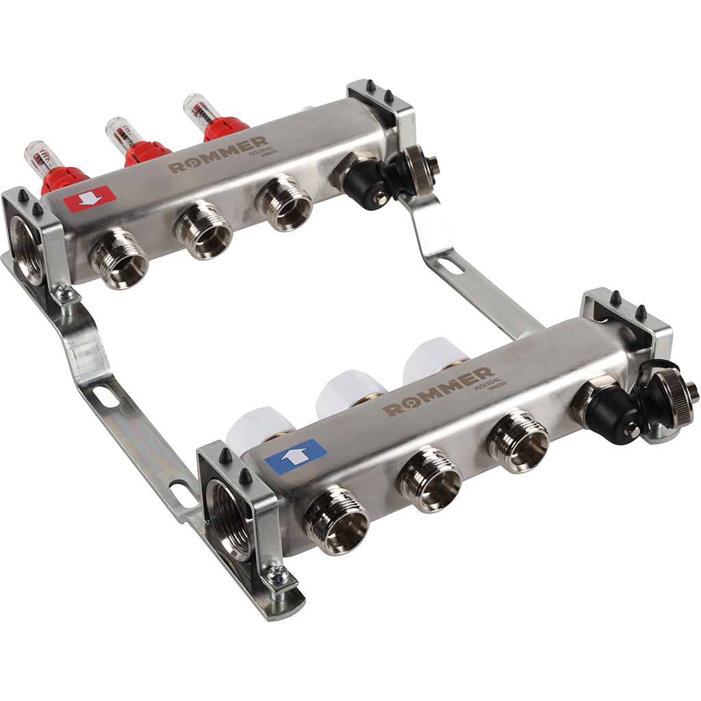Коллектор Rommer на 3 выхода с расходомерами, с клапаном вып. воздуха и сливом
