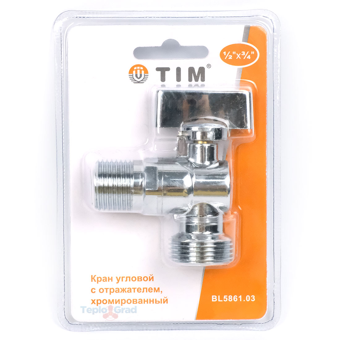 Кран угловой TIM 1/2x3/4 с отражателем, хромированный