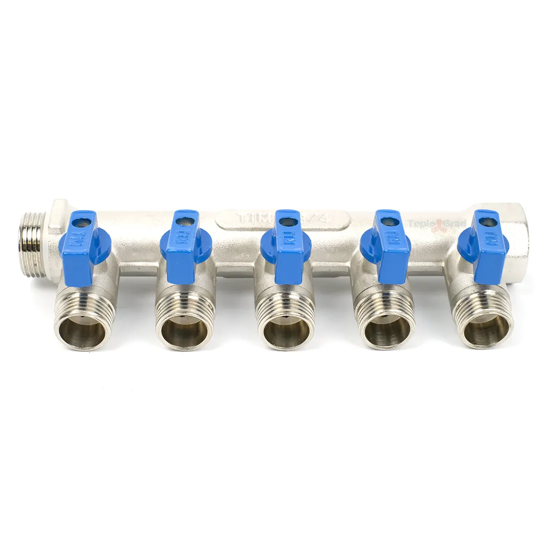 Коллектор TIM с шаровыми кранами 3/4x1/2 на 5 выходов, красные и синие ручки Коллектор TIM с шаровыми кранами 3/4x1/2 на 5 выходов, красные и синие ручки