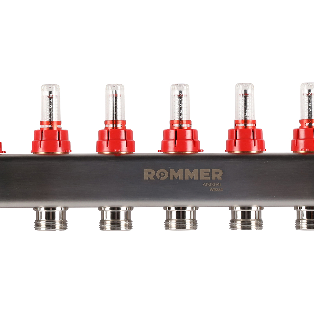 Коллектор Rommer на 8 выходов с расходомерами, с клапаном вып. воздуха и сливом Коллектор Rommer на 8 выходов с расходомерами, с клапаном вып. воздуха и сливом