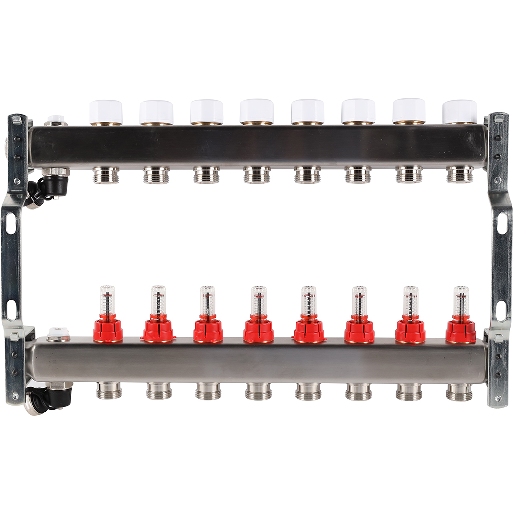 Коллектор Rommer на 8 выходов с расходомерами, с клапаном вып. воздуха и сливом Коллектор Rommer на 8 выходов с расходомерами, с клапаном вып. воздуха и сливом