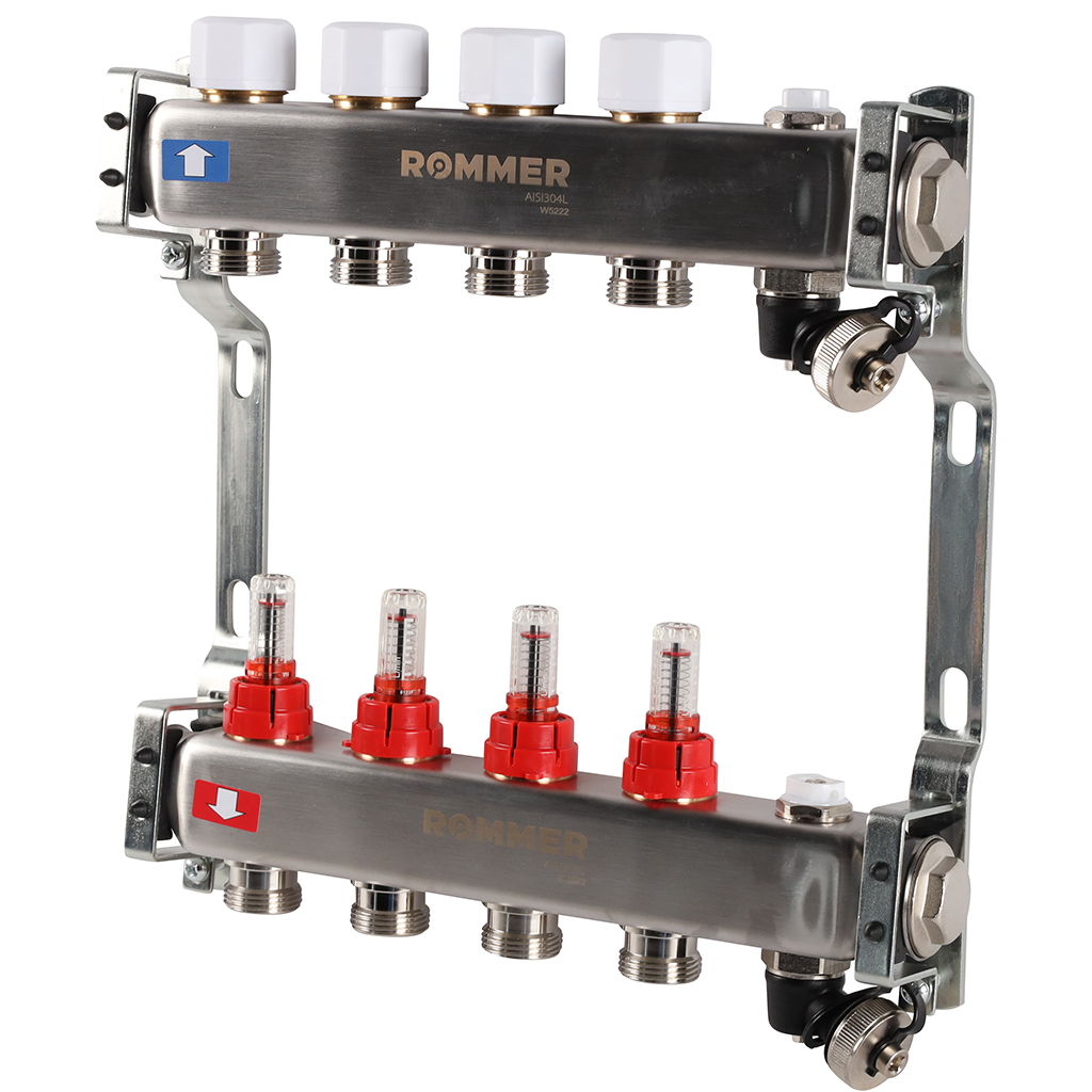 Коллектор Rommer на 4 выхода с расходомерами, с клапаном вып. воздуха и сливом Коллектор Rommer на 4 выхода с расходомерами, с клапаном вып. воздуха и сливом