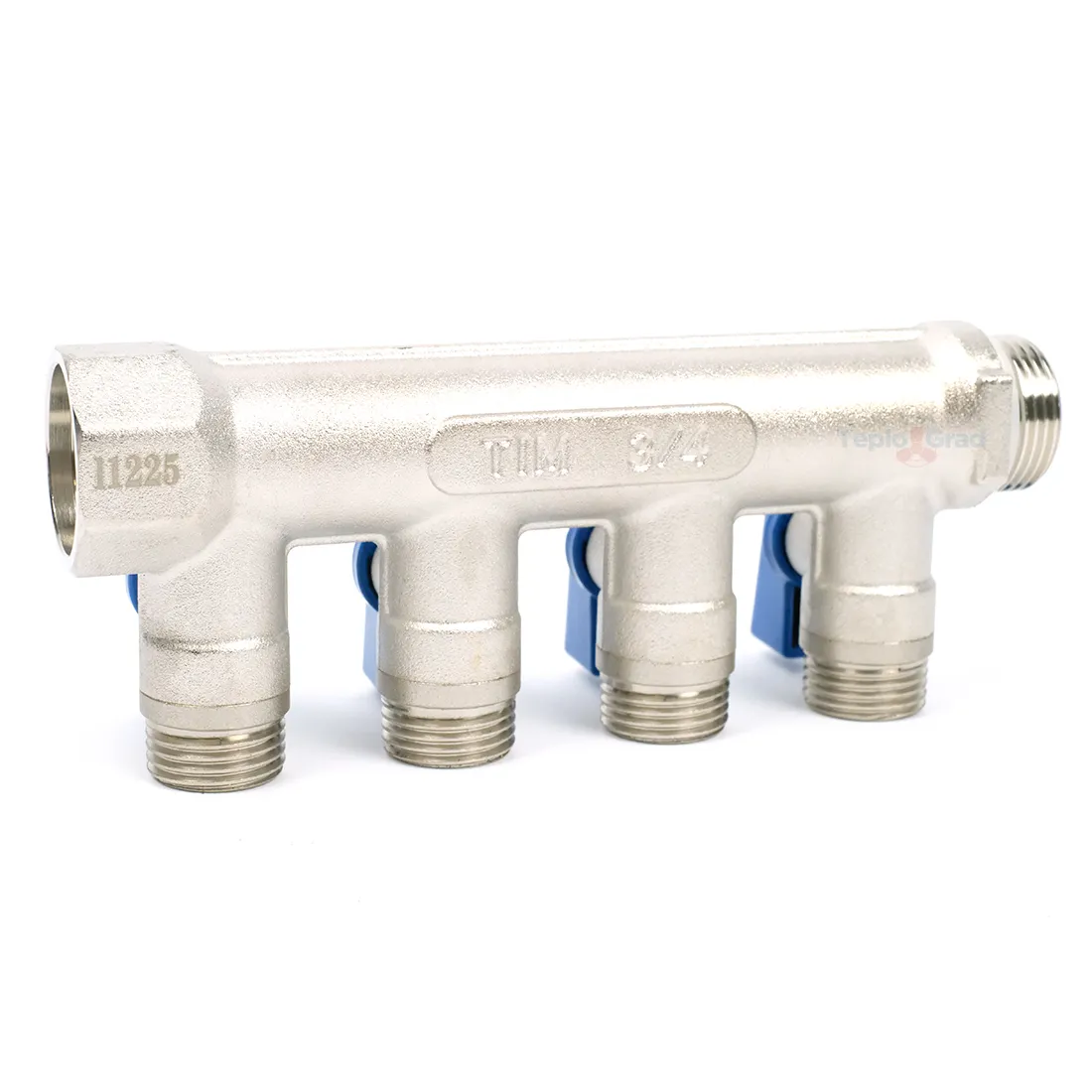 Коллектор TIM с шаровыми кранами 3/4x1/2 на 4 выхода, красные и синие ручки Коллектор TIM с шаровыми кранами 3/4x1/2 на 4 выхода, красные и синие ручки