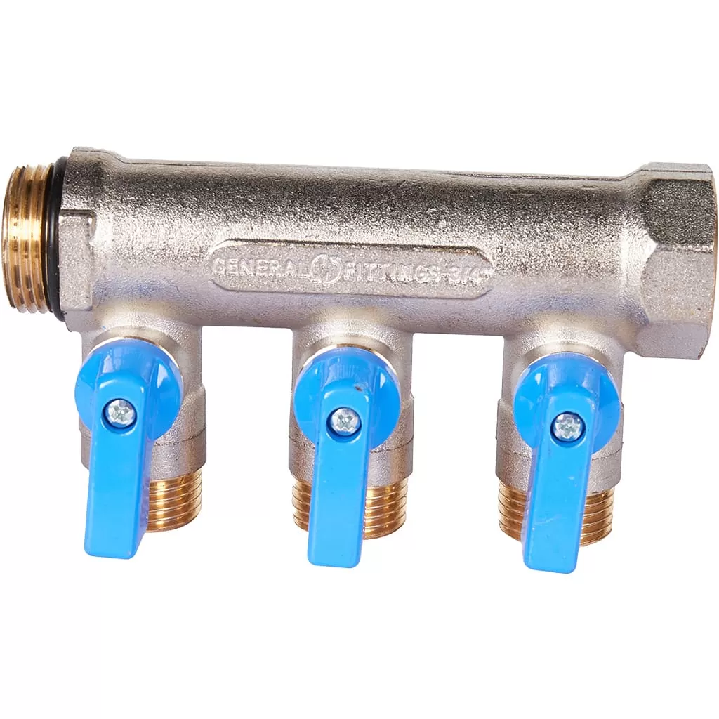 Коллектор Stout с шаровыми кранами 3/4, 3 отвода 1/2 (синие ручки) Коллектор Stout с шаровыми кранами 3/4, 3 отвода 1/2 (синие ручки)