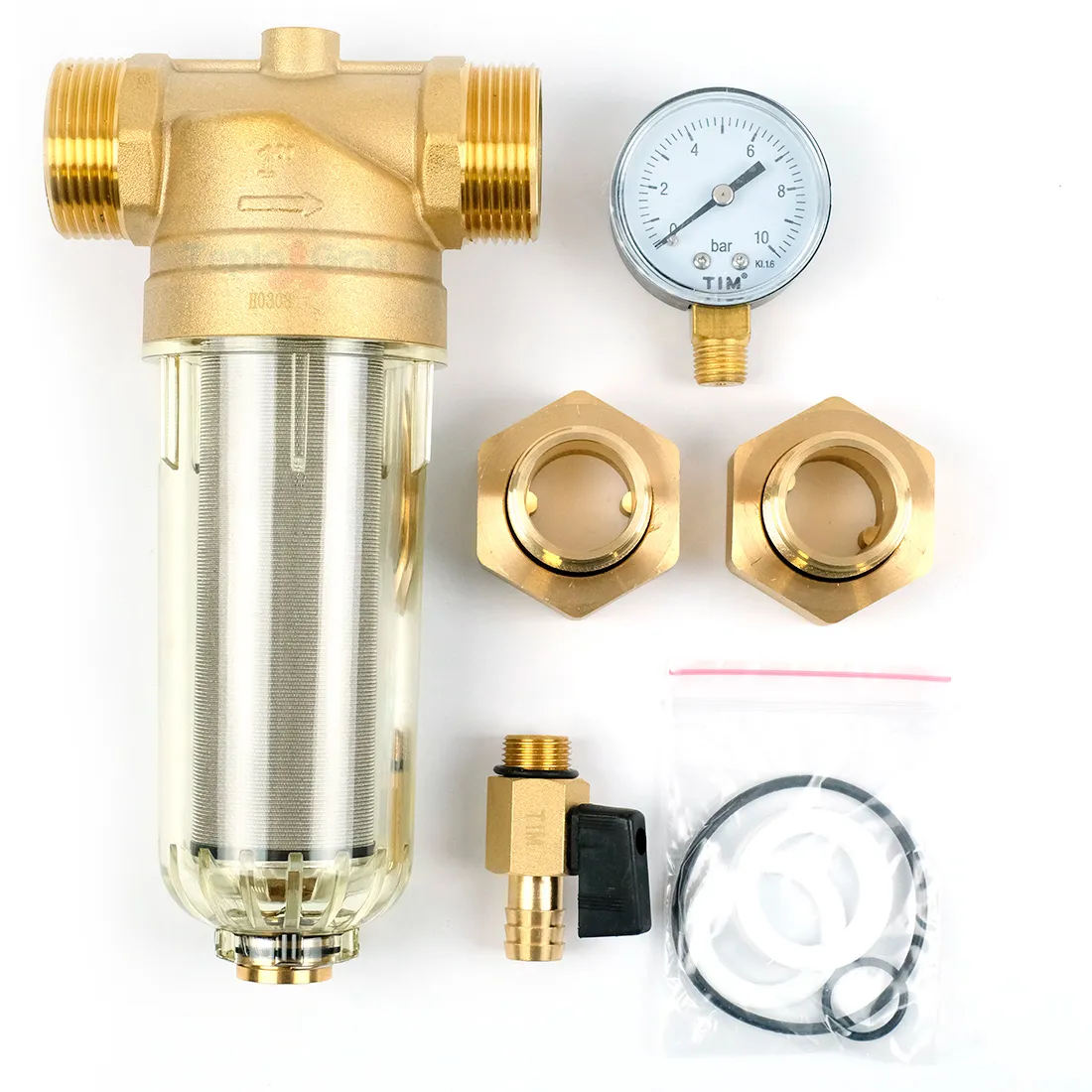 Самопромывной фильтр TIM 1 с манометром и пластиковой колбой