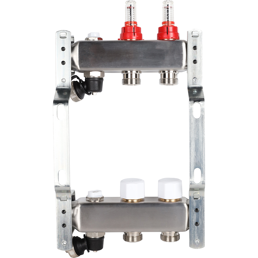 Коллектор Rommer на 2 выхода с расходомерами, с клапаном вып. воздуха и сливом Коллектор Rommer на 2 выхода с расходомерами, с клапаном вып. воздуха и сливом