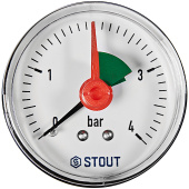 Манометр аксиальный Stout 50 мм, 0-4 бар, 1/4 с указателем предела Манометр аксиальный Stout 50 мм, 0-4 бар, 1/4 с указателем предела