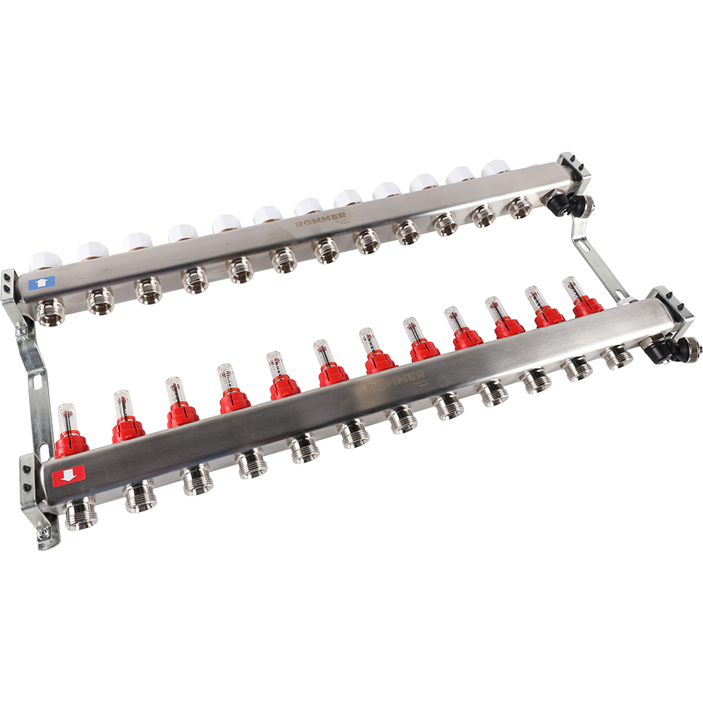 Коллектор Rommer на 12 выходов с расходомерами, с клапаном вып. воздуха и сливом Коллектор Rommer на 12 выходов с расходомерами, с клапаном вып. воздуха и сливом