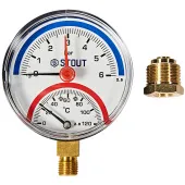 Термоманометр радиальный Stout 80 мм, 0-6 бар, 0-120C, подключение 1/2