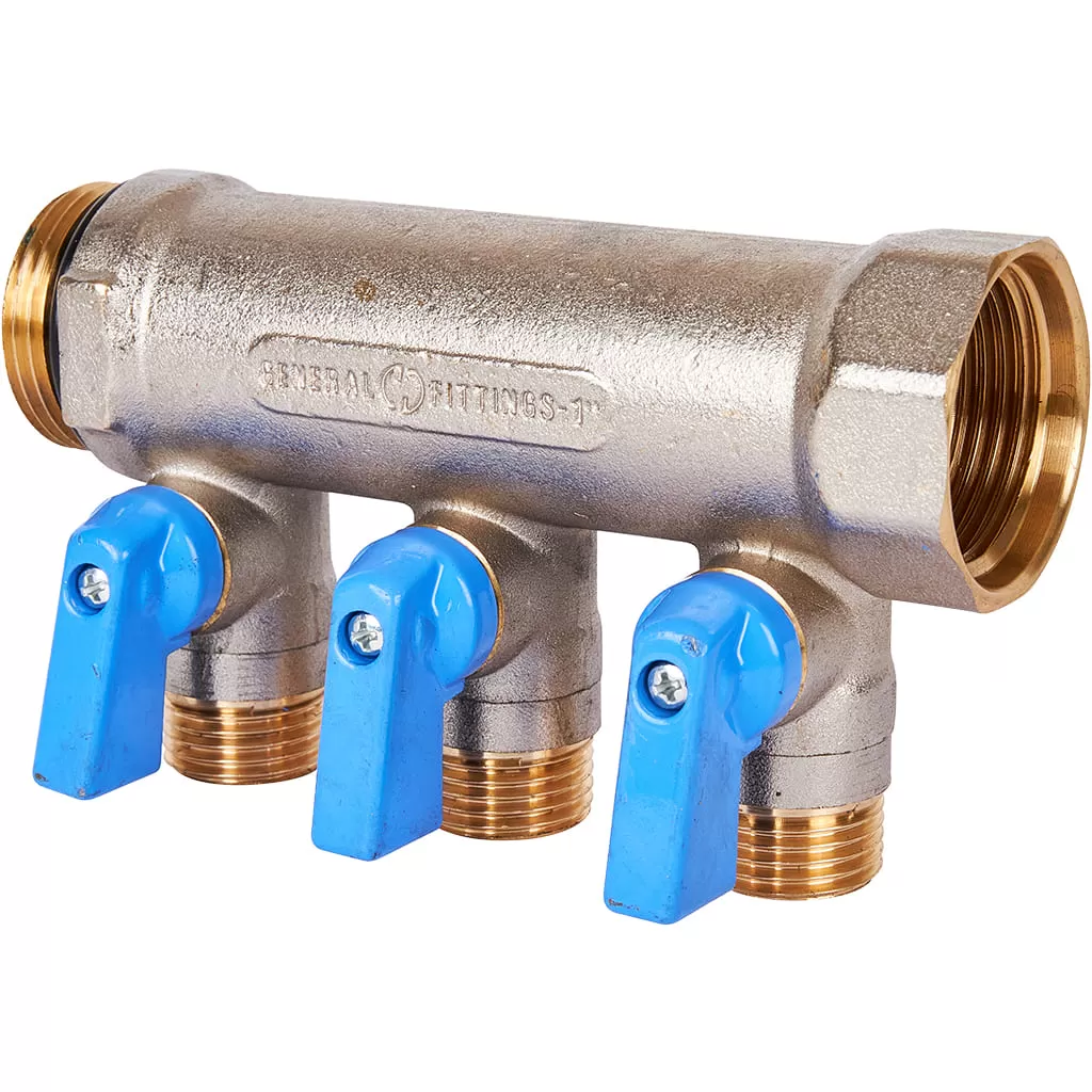 Коллектор Stout с шаровыми кранами 1, 3 отвода 1/2 (синие ручки) Коллектор Stout с шаровыми кранами 1, 3 отвода 1/2 (синие ручки)