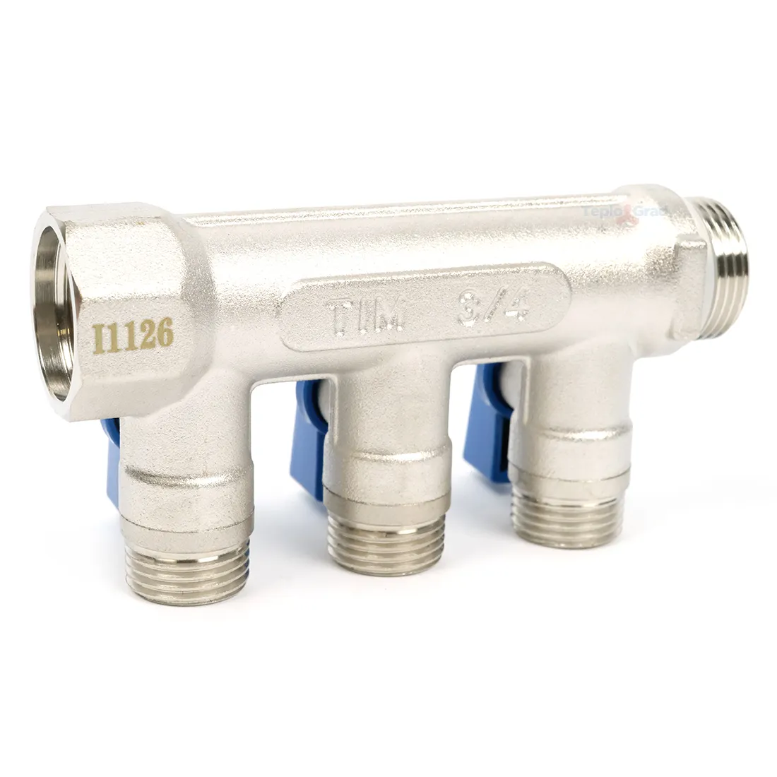 Коллектор TIM с шаровыми кранами 3/4x1/2 на 3 выхода, красные и синие ручки Коллектор TIM с шаровыми кранами 3/4x1/2 на 3 выхода, красные и синие ручки