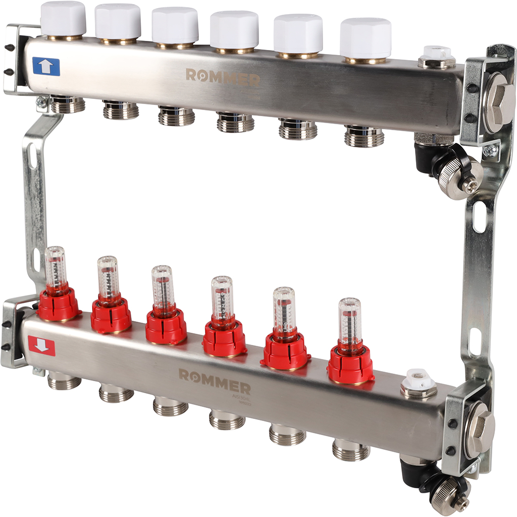 Коллектор Rommer на 6 выходов с расходомерами, с клапаном вып. воздуха и сливом