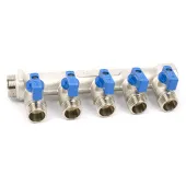 Коллектор TIM с шаровыми кранами 3/4x1/2 на 5 выходов, красные и синие ручки Коллектор TIM с шаровыми кранами 3/4x1/2 на 5 выходов, красные и синие ручки