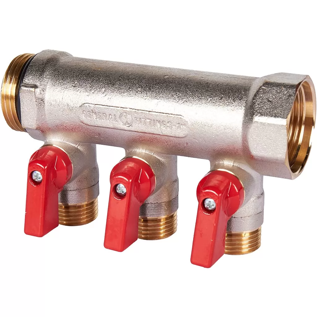 Коллектор Stout с шаровыми кранами 1, 3 отвода 1/2 (красные ручки) Коллектор Stout с шаровыми кранами 1, 3 отвода 1/2 (красные ручки)