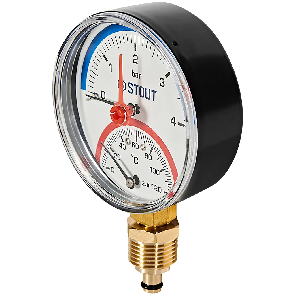Термоманометр радиальный Stout 80 мм, 0-4 бар, 0-120C, подключение 1/2