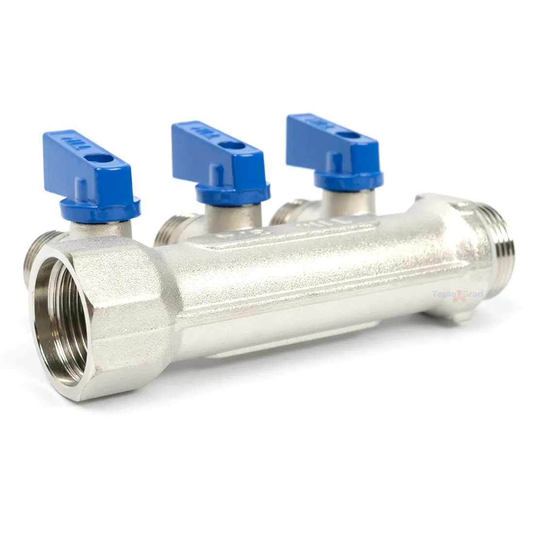 Коллектор TIM с шаровыми кранами 3/4x1/2 на 3 выхода, красные и синие ручки Коллектор TIM с шаровыми кранами 3/4x1/2 на 3 выхода, красные и синие ручки