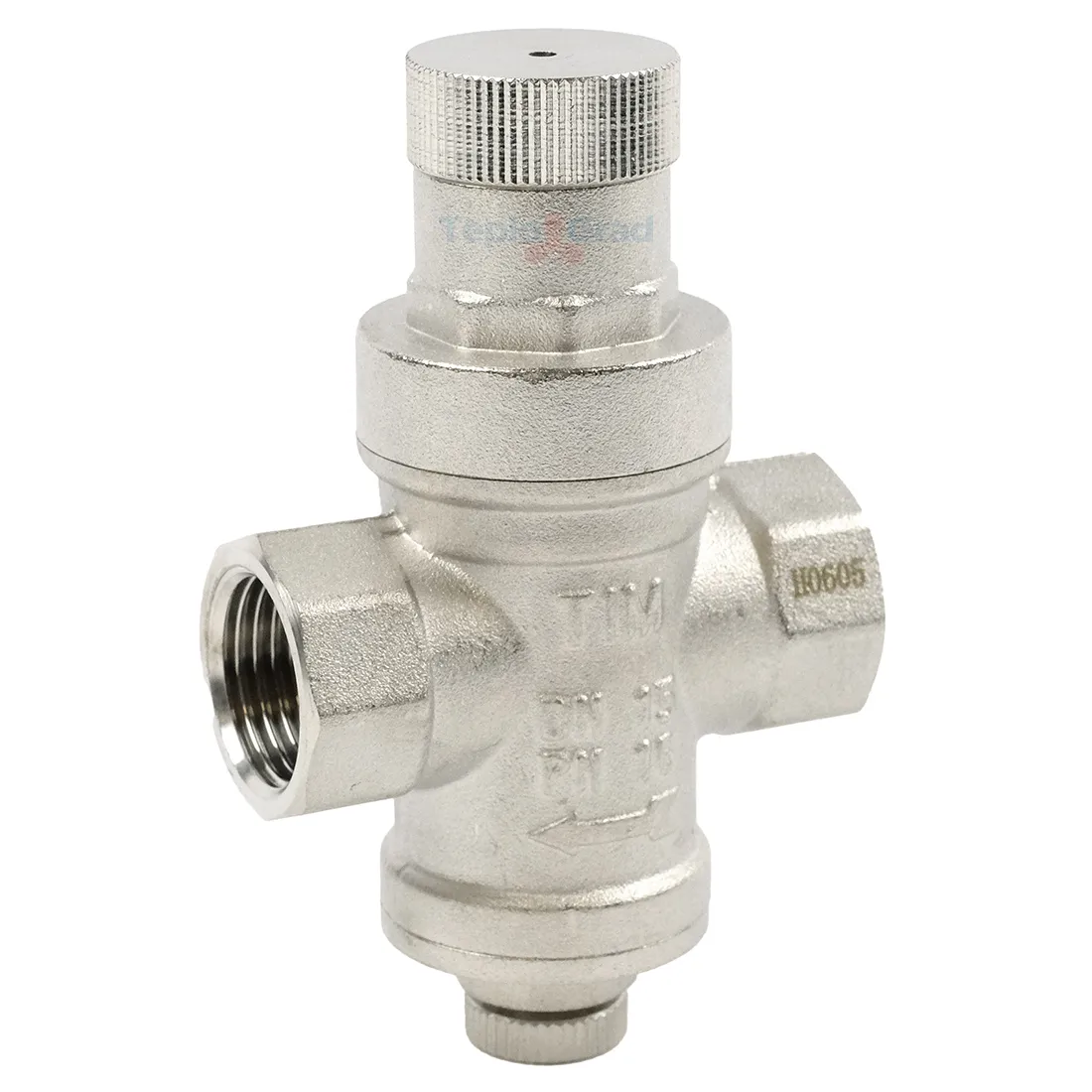 Редуктор давления TIM 1/2 с выходом под манометр, никелированный Редуктор давления TIM 1/2 с выходом под манометр, никелированный