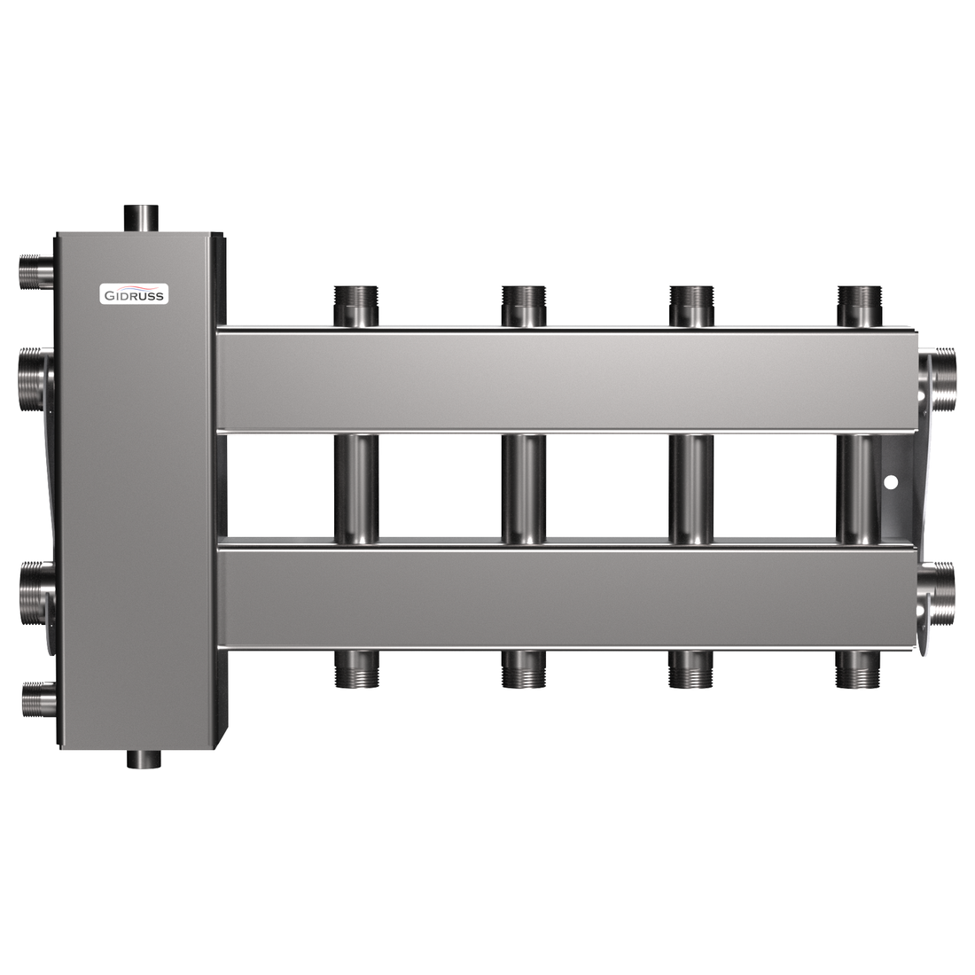 Балансировочный коллектор Gidruss BMSS-150-5DU (до 150 кВт, подкл. котла G 1 1/2, 2+2 контура G 1, нерж. сталь)