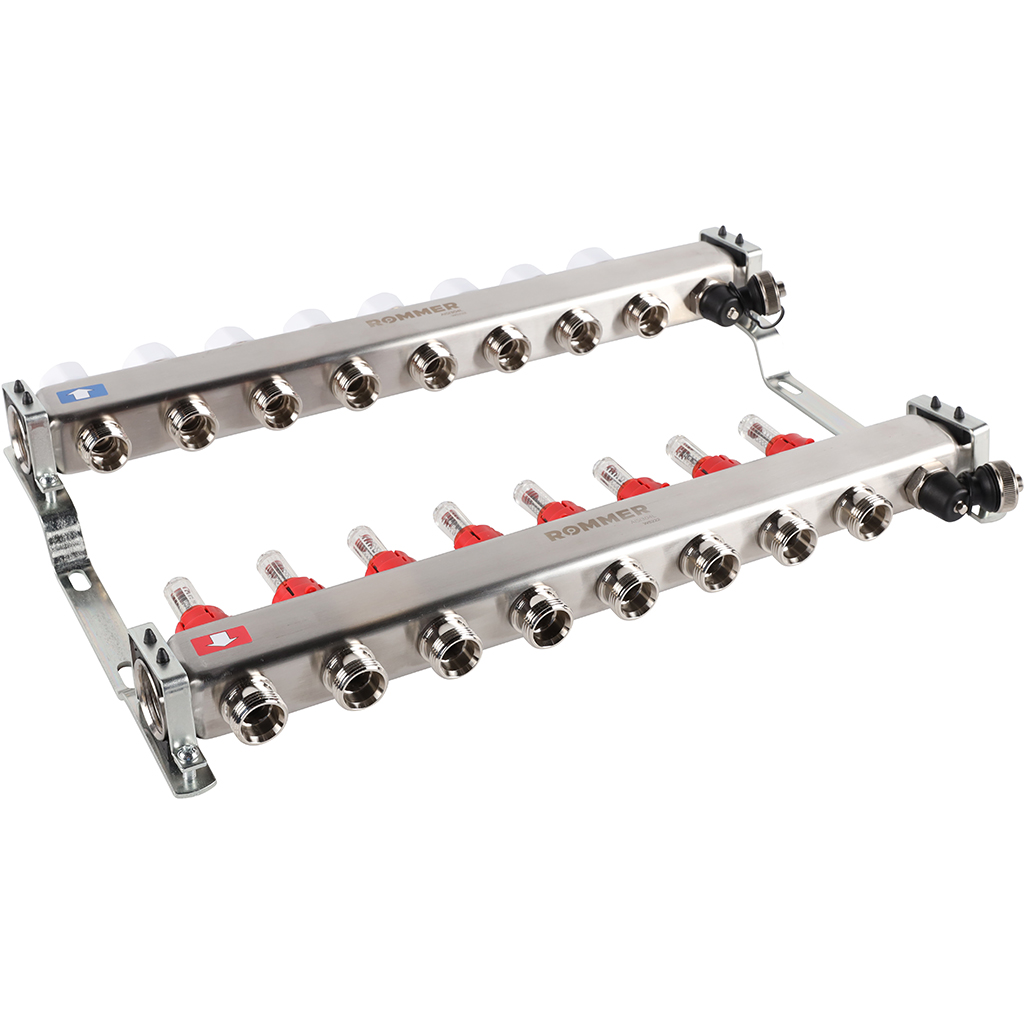 Коллектор Rommer на 8 выходов с расходомерами, с клапаном вып. воздуха и сливом Коллектор Rommer на 8 выходов с расходомерами, с клапаном вып. воздуха и сливом