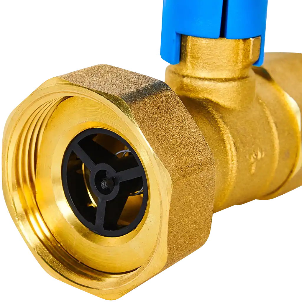 Клапан запорный латунный Rommer ВР 1 для подключения насоса, синяя ручка