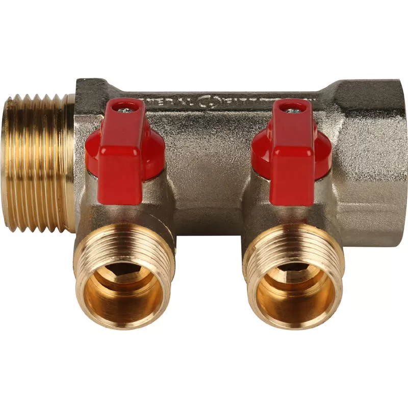 Коллектор Stout с шаровыми кранами 1, 2 отвода 1/2 (красные ручки) Коллектор Stout с шаровыми кранами 1, 2 отвода 1/2 (красные ручки)